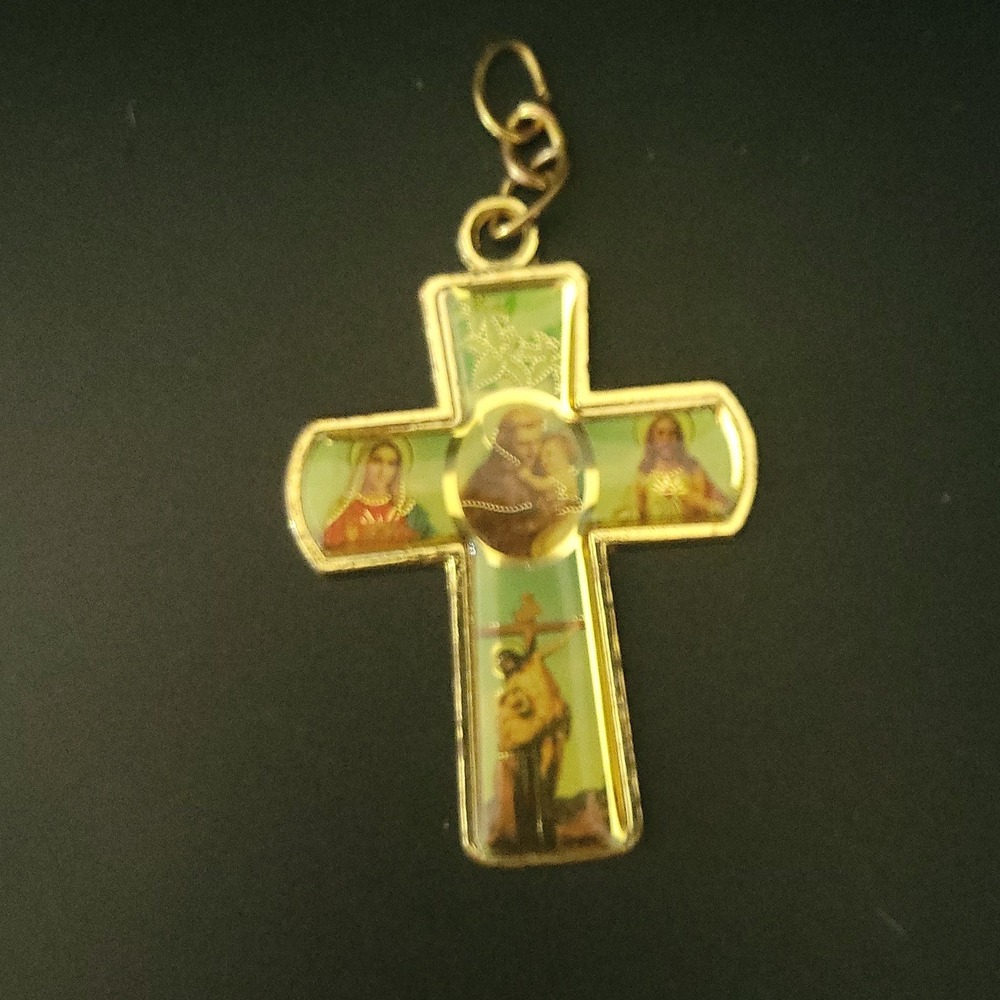 Vintage Gold Tone Four Way Catholic Saints Cross Pendant 1.5 Inch Cottagecore